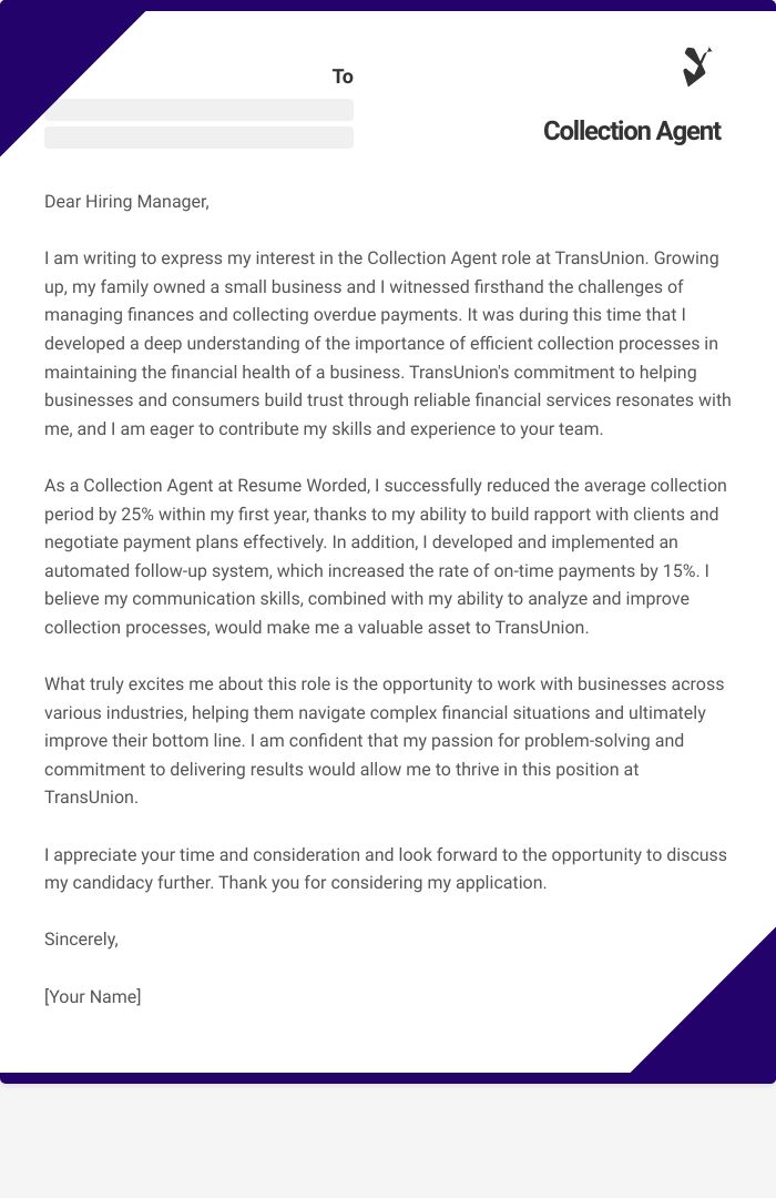 Collection Agent Cover Letter