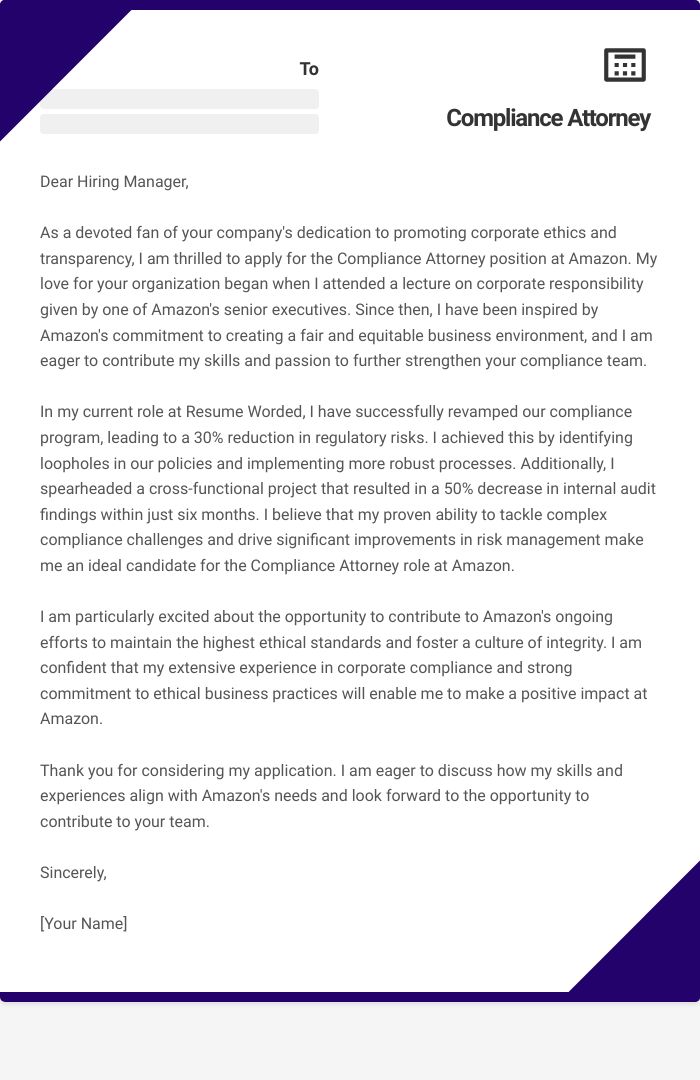 Compliance Attorney Cover Letter