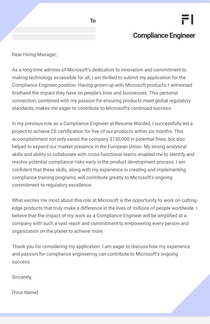 Compliance Engineer Cover Letter