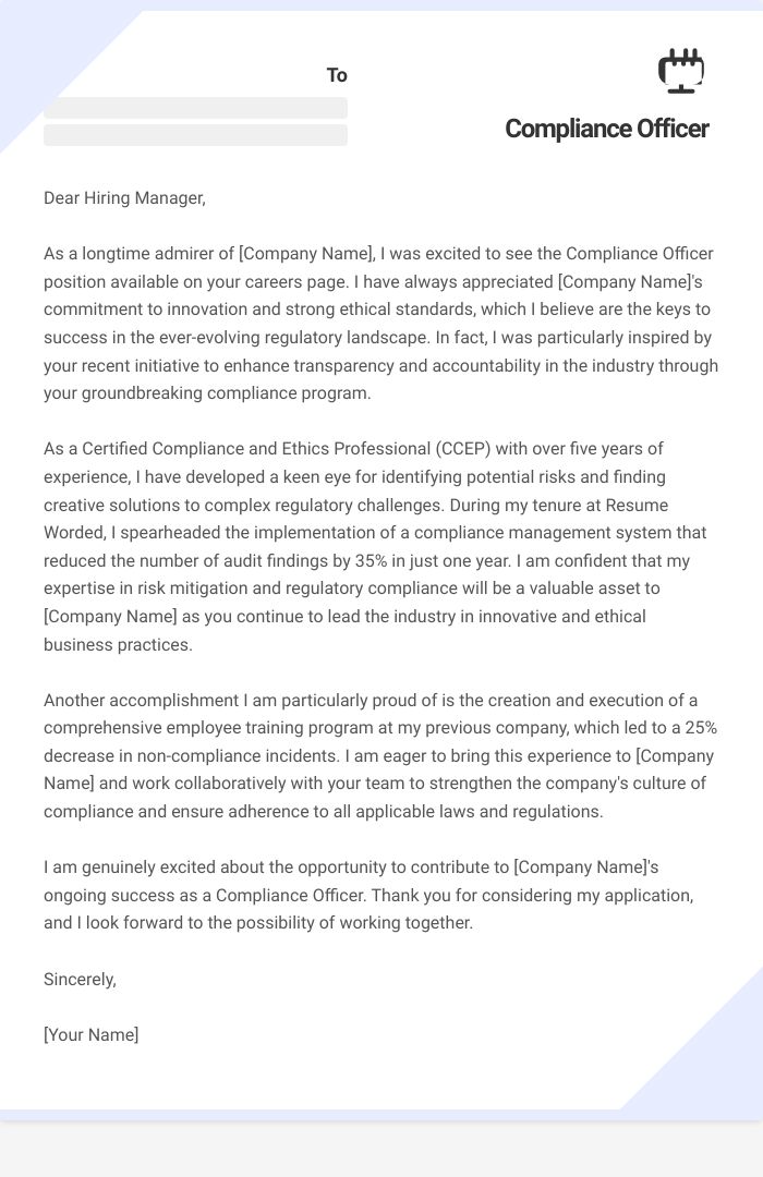 Compliance Officer Cover Letter