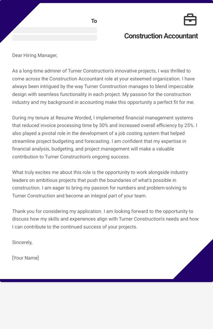 Construction Accountant Cover Letter