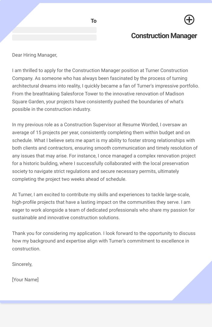 Construction Manager Cover Letter