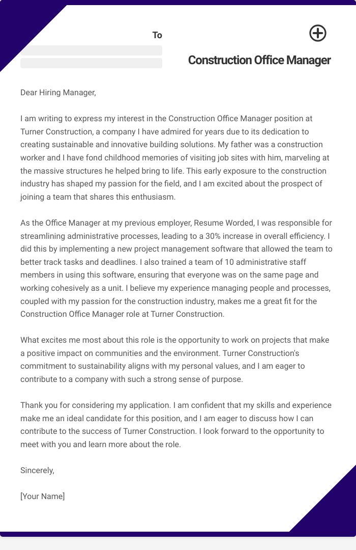 Construction Office Manager Cover Letter