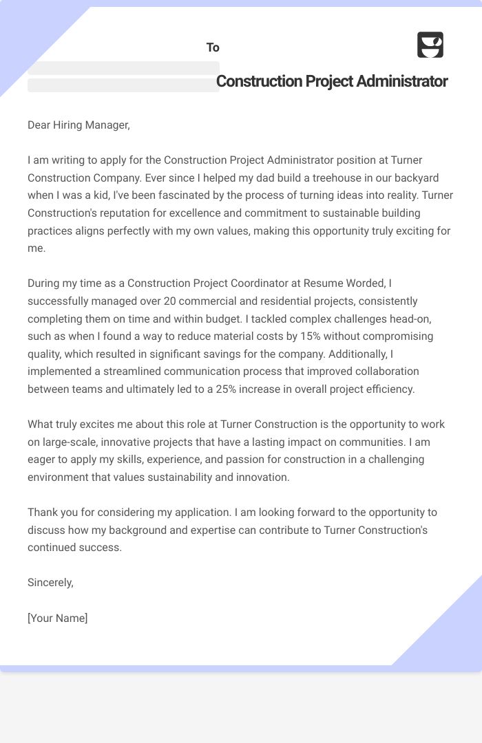 Construction Project Administrator Cover Letter