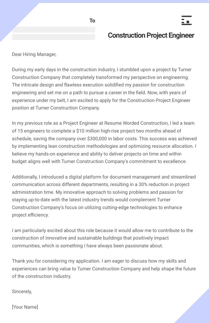 Construction Project Engineer Cover Letter