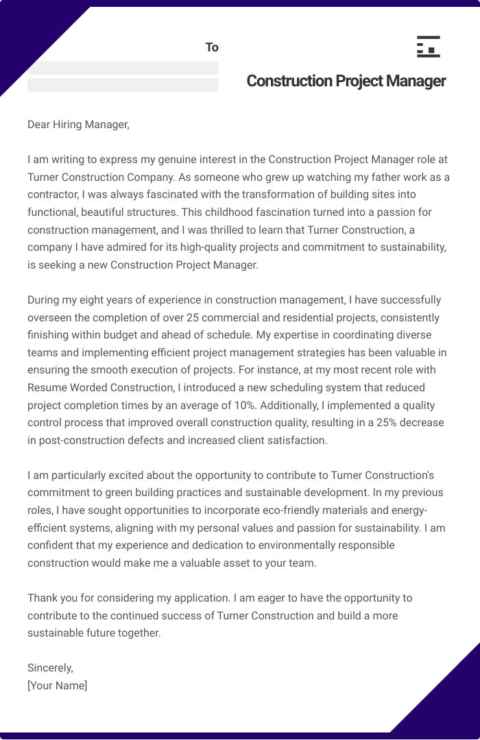 Construction Project Manager Cover Letter