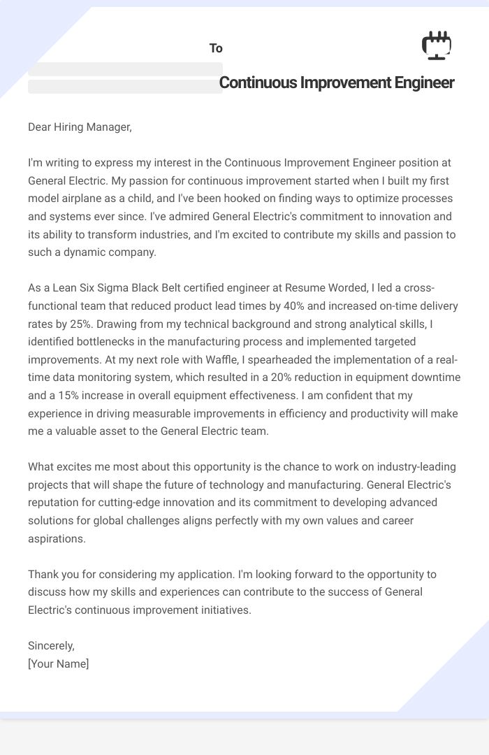 Continuous Improvement Engineer Cover Letter