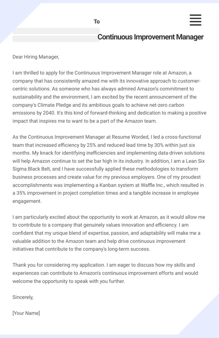 Continuous Improvement Manager Cover Letter