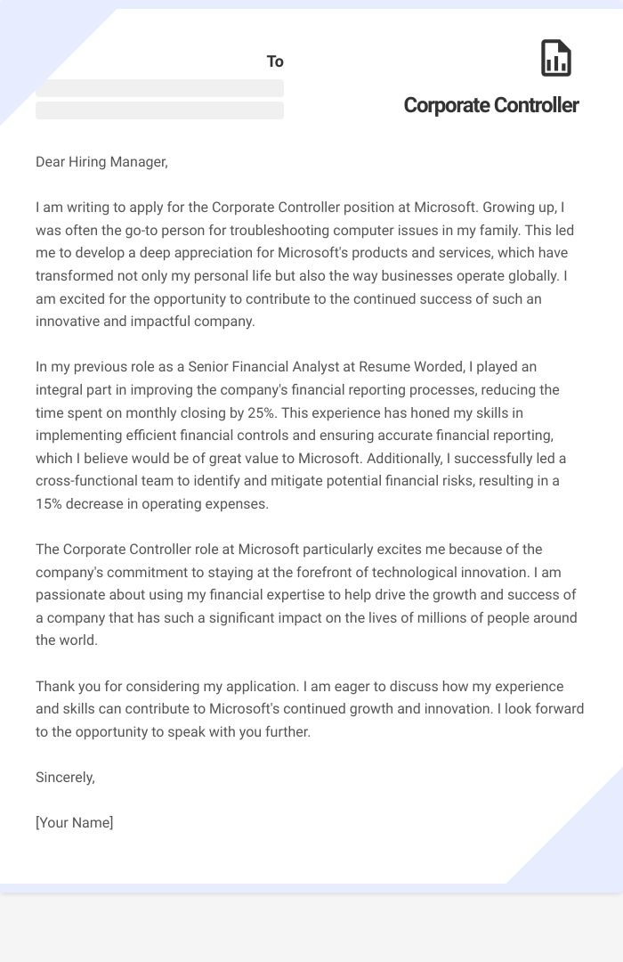 Corporate Controller Cover Letter