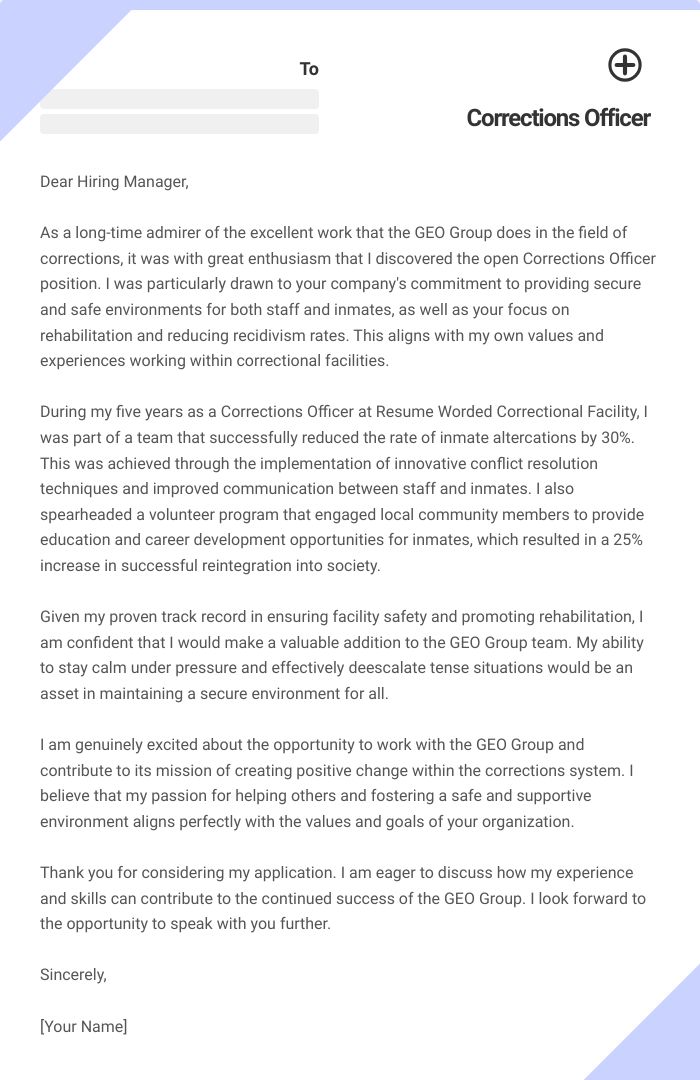 Corrections Officer Cover Letter