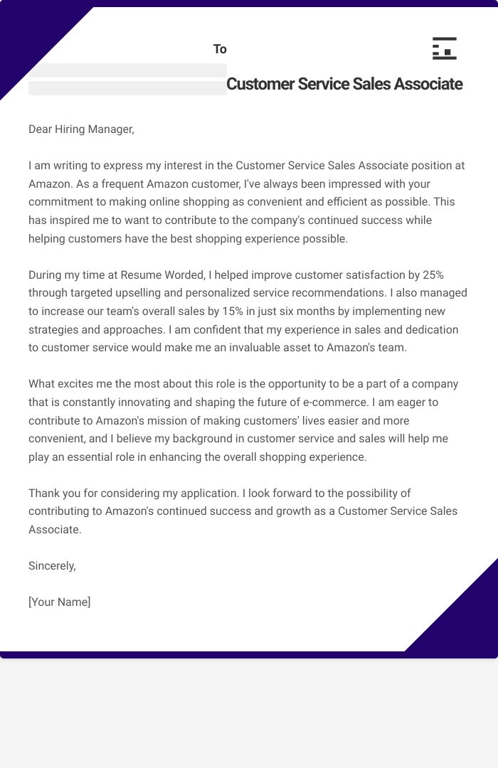 Customer Service Sales Associate Cover Letter