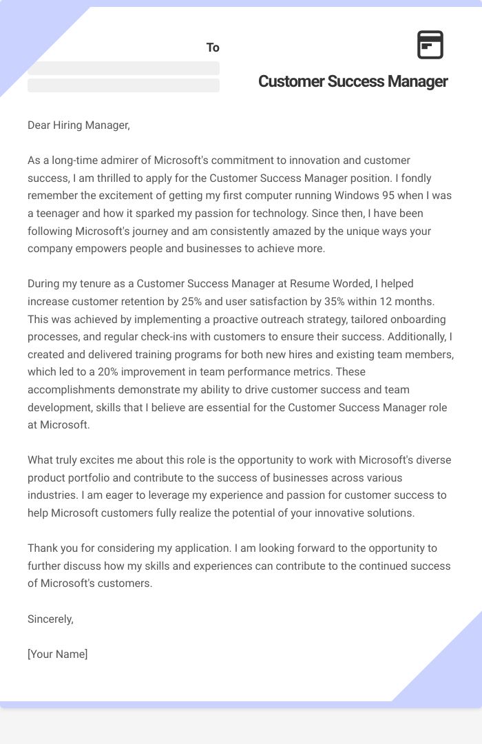 Customer Success Manager Cover Letter