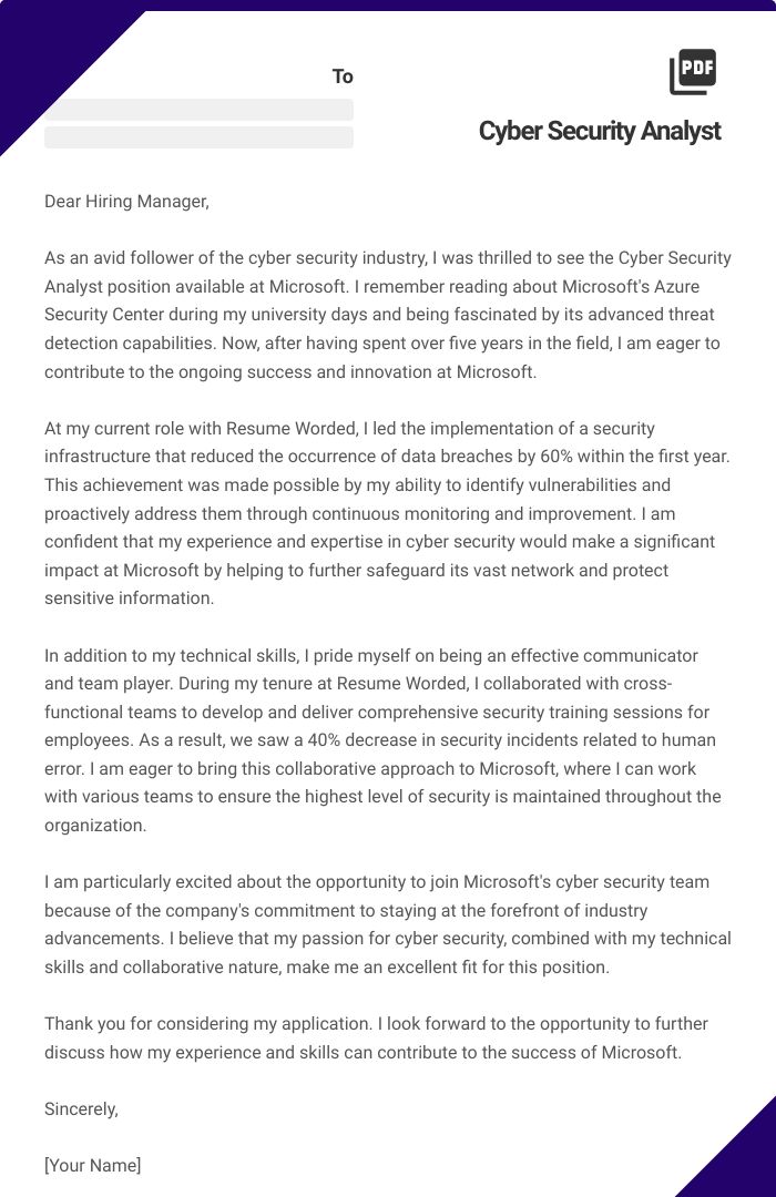 Cyber Security Analyst Cover Letter