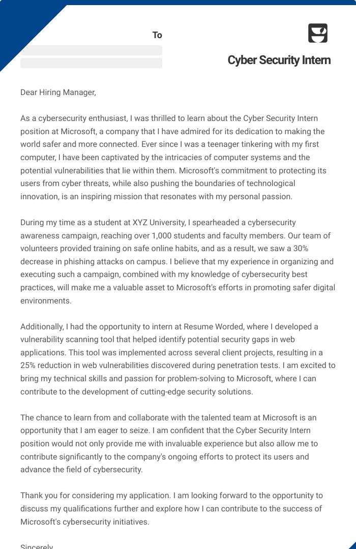 Cyber Security Intern Cover Letter