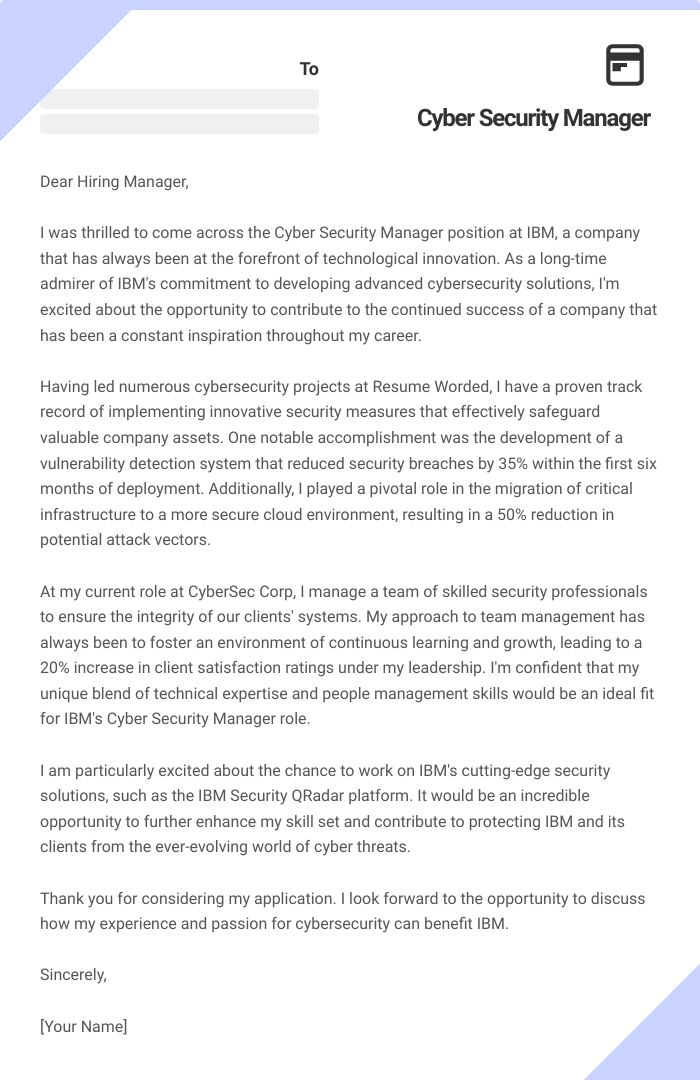 Cyber Security Manager Cover Letter