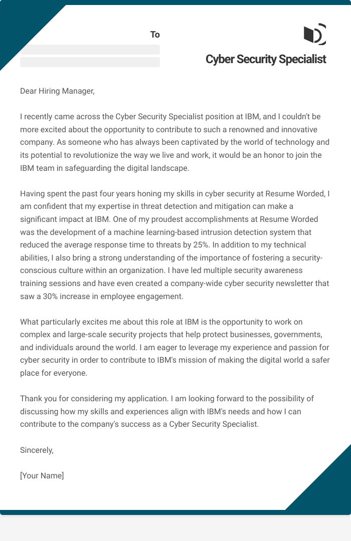 Cyber Security Specialist Cover Letter