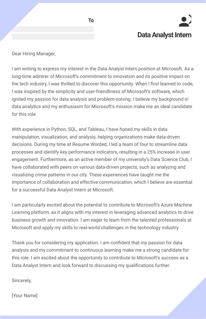 Data Analyst Intern Cover Letter
