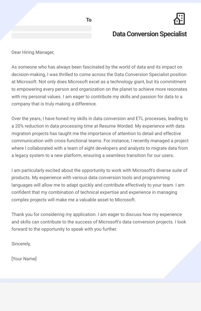 Data Conversion Specialist Cover Letter