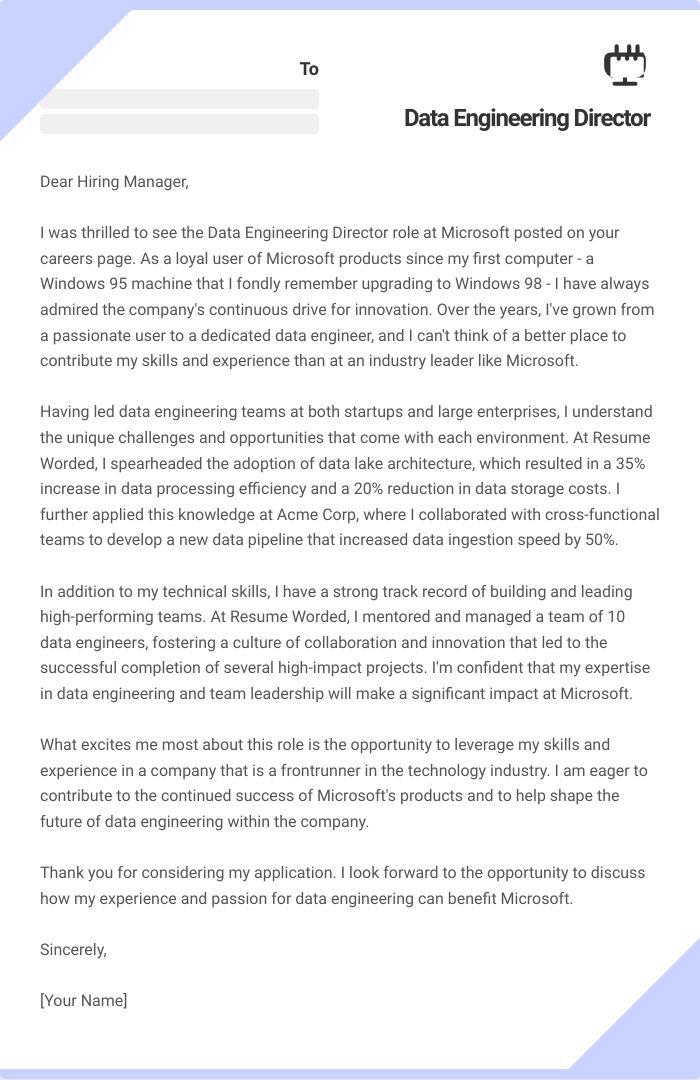Data Engineering Director Cover Letter
