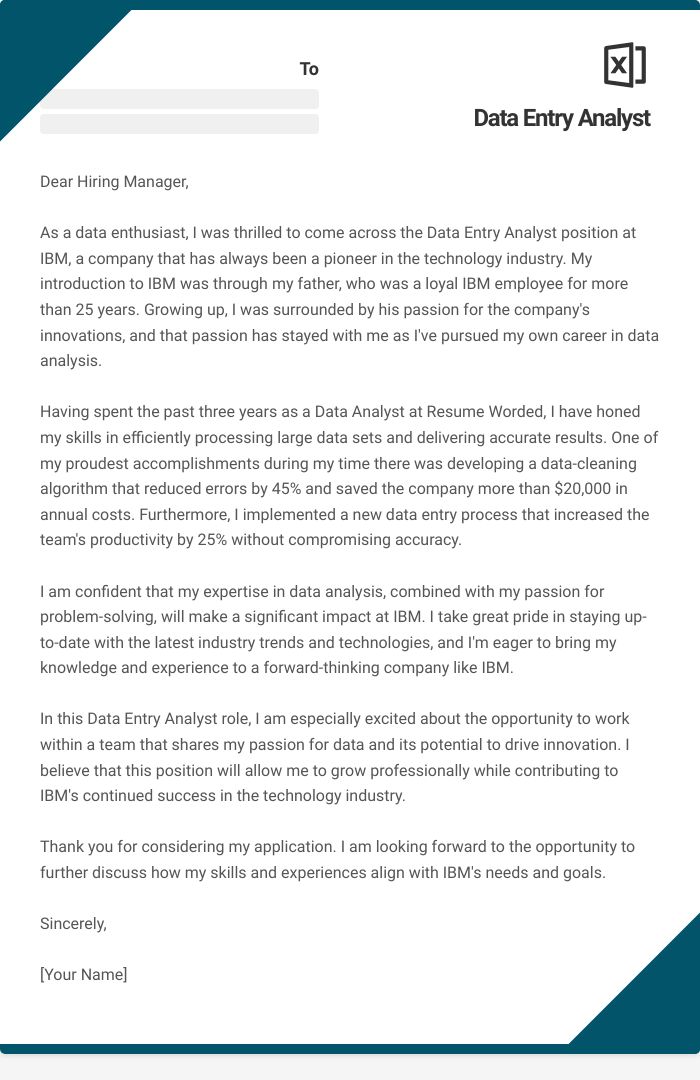 Data Entry Analyst Cover Letter