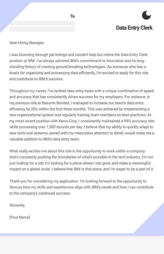 Data Entry Clerk Cover Letter