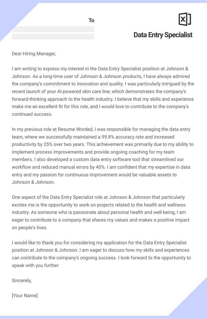 Data Entry Specialist Cover Letter