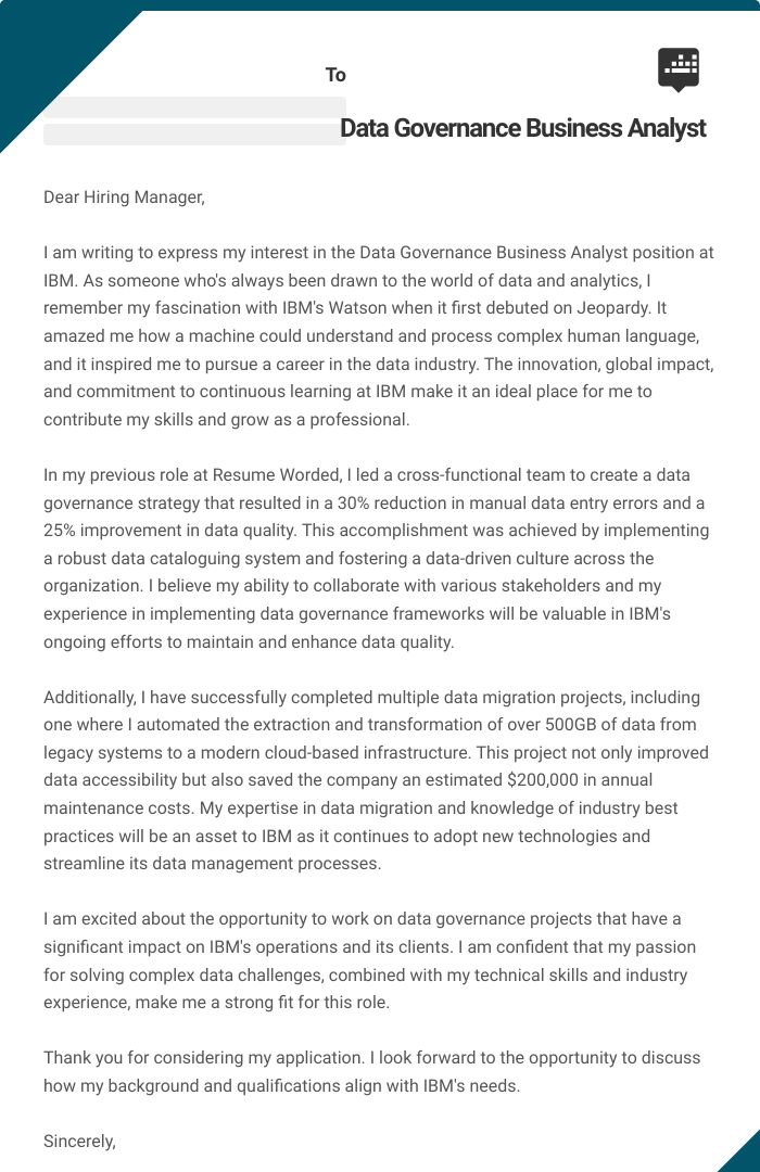 Data Governance Business Analyst Cover Letter