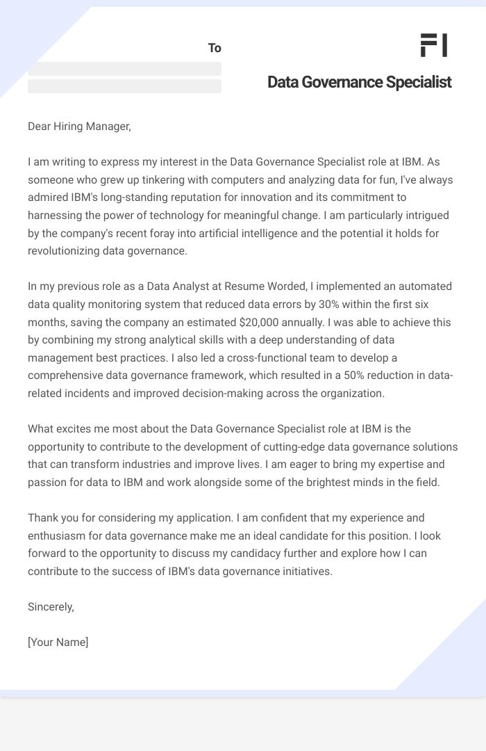 Data Governance Specialist Cover Letter