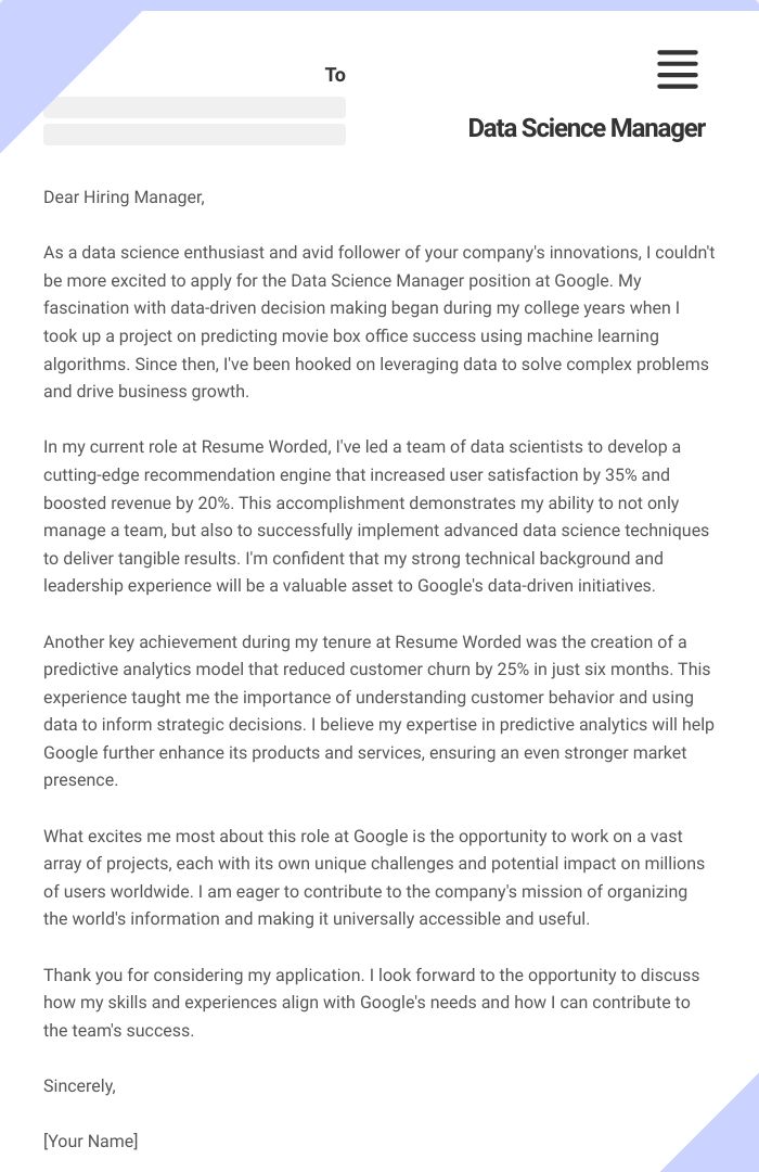 Data Science Manager Cover Letter