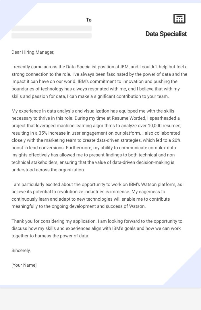 Data Specialist Cover Letter