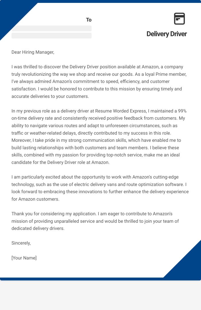 Delivery Driver Cover Letter