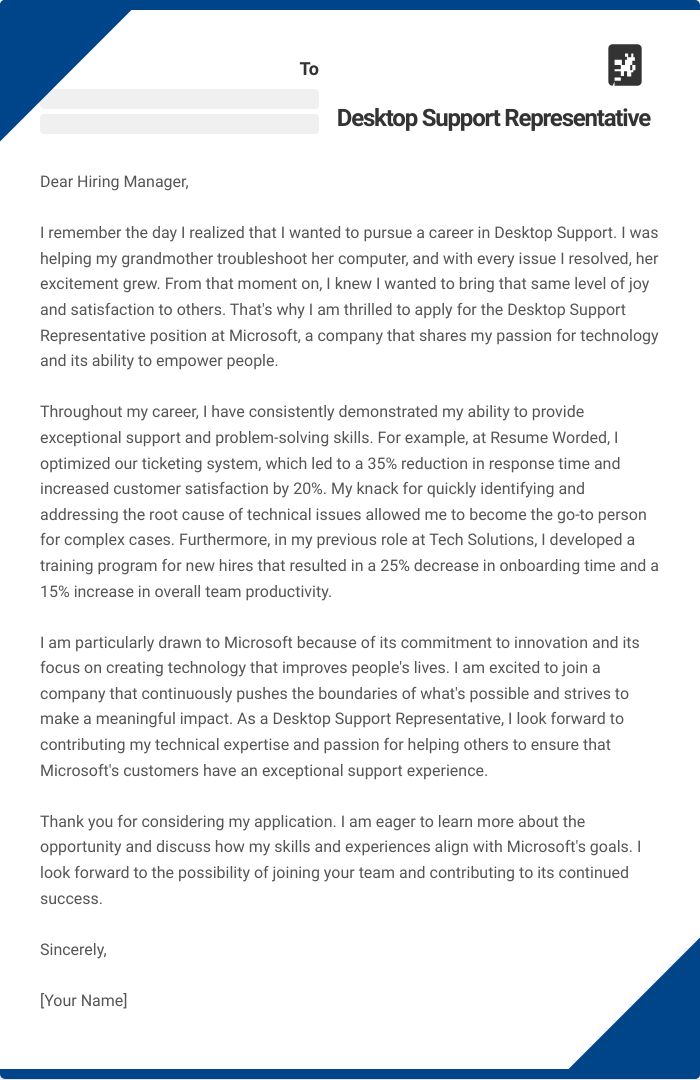 Desktop Support Representative Cover Letter