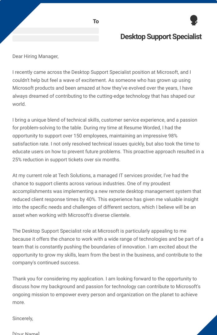 Desktop Support Specialist Cover Letter