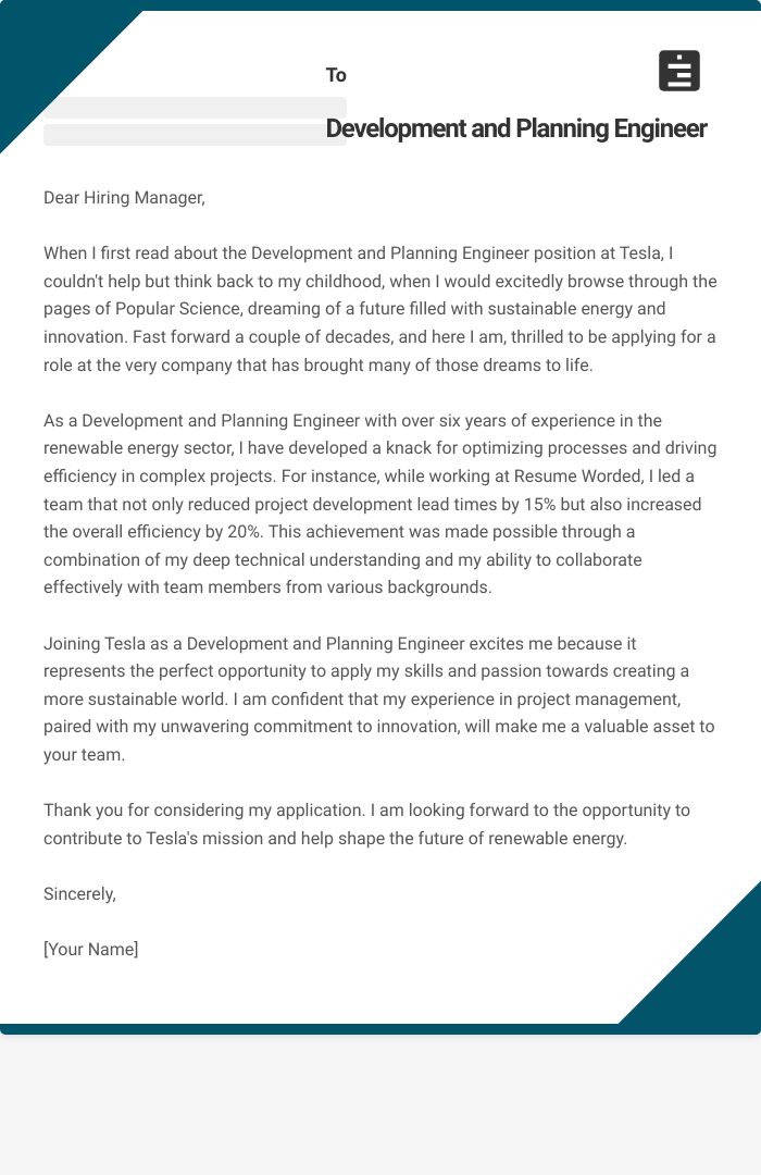 Development and Planning Engineer Cover Letter