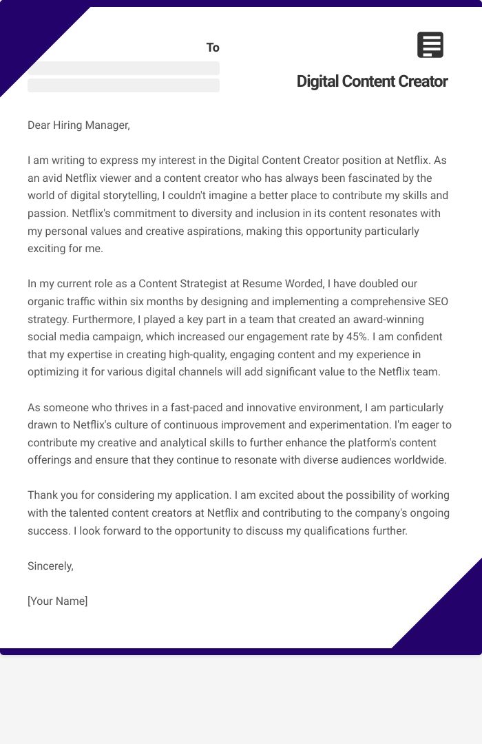 Digital Content Creator Cover Letter