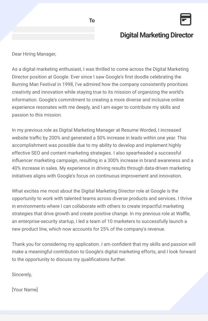 Digital Marketing Director Cover Letter