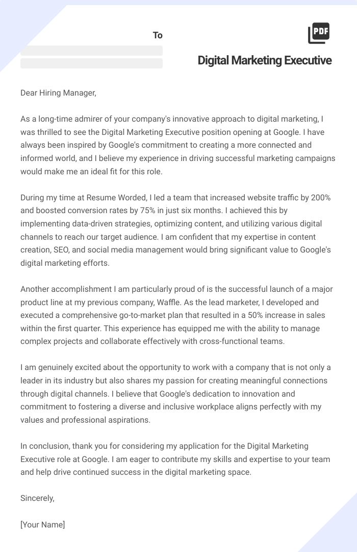 Digital Marketing Executive Cover Letter