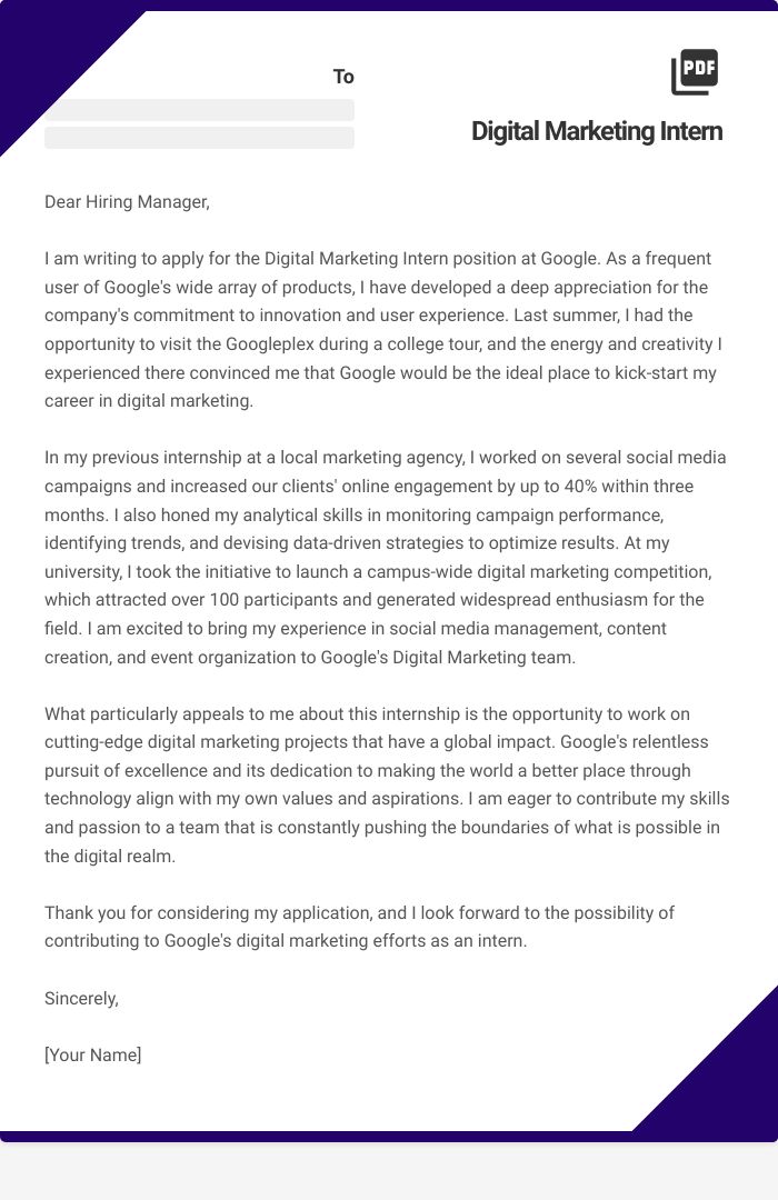 Digital Marketing Intern Cover Letter