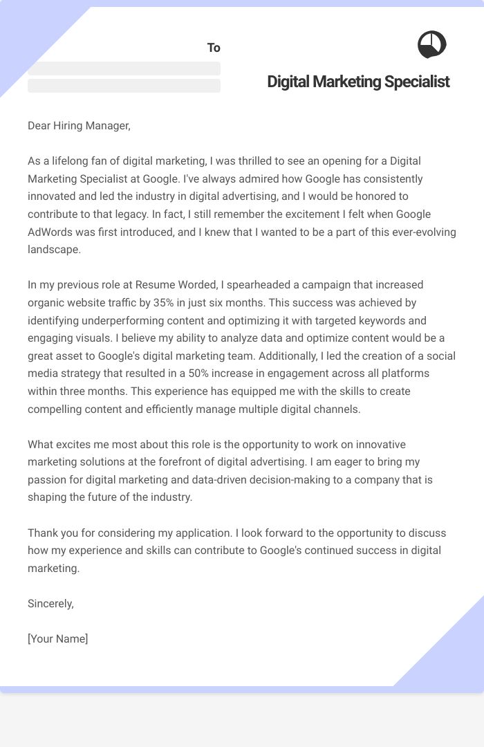 Digital Marketing Specialist Cover Letter