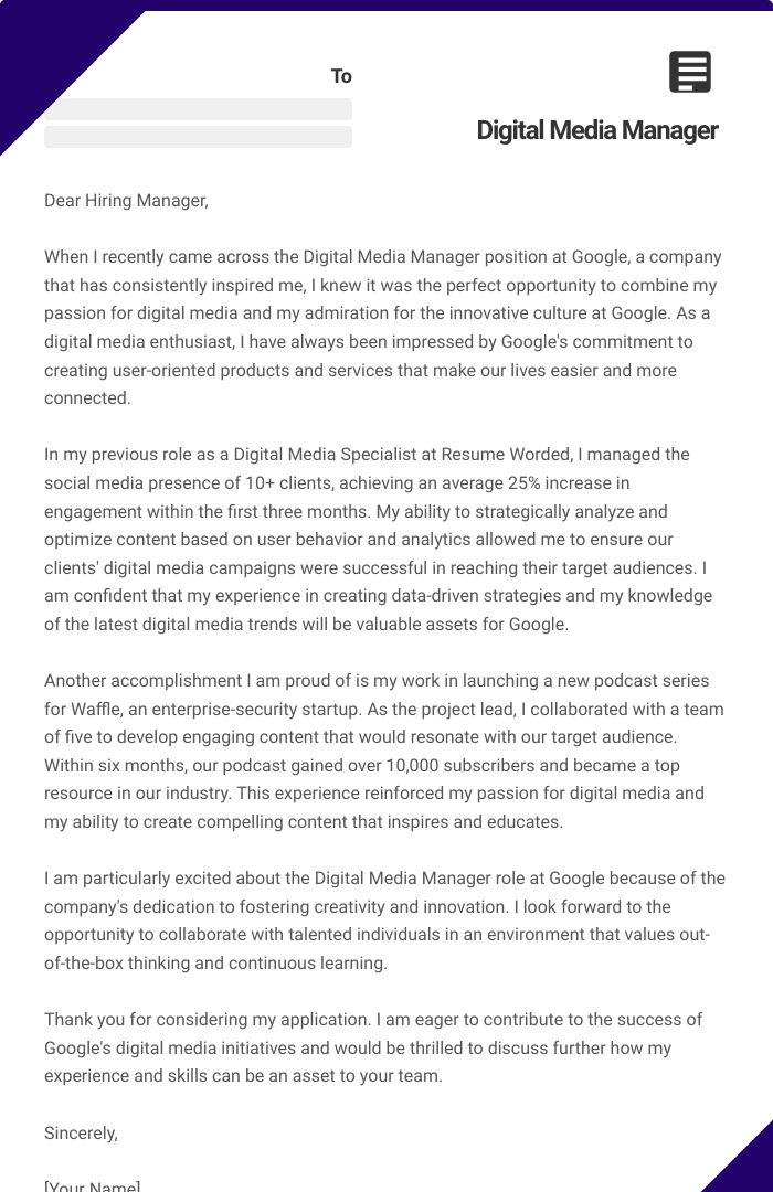 Digital Media Manager Cover Letter