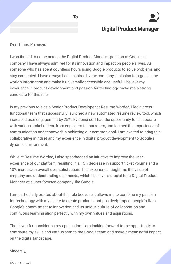 Digital Product Manager Cover Letter