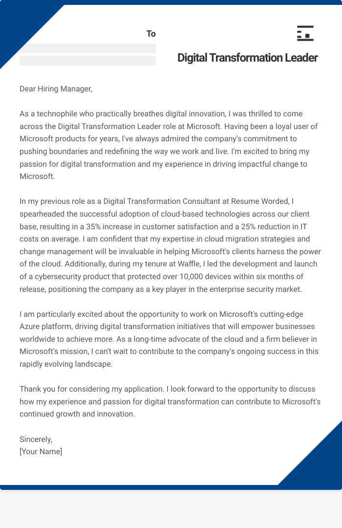 Digital Transformation Leader Cover Letter