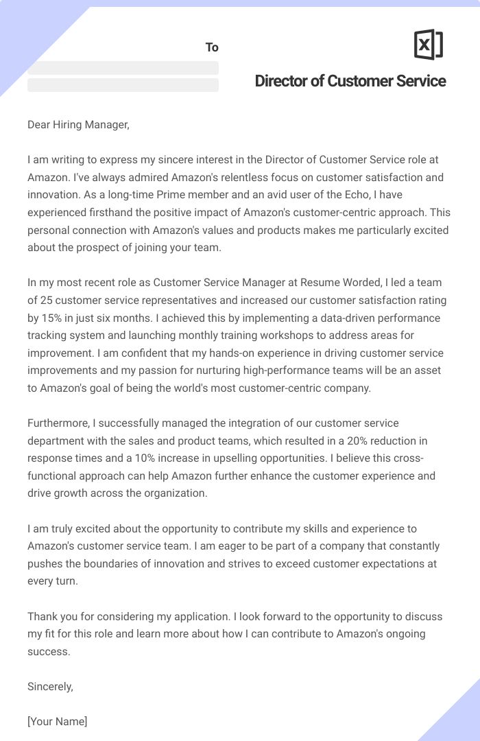 Director of Customer Service Cover Letter