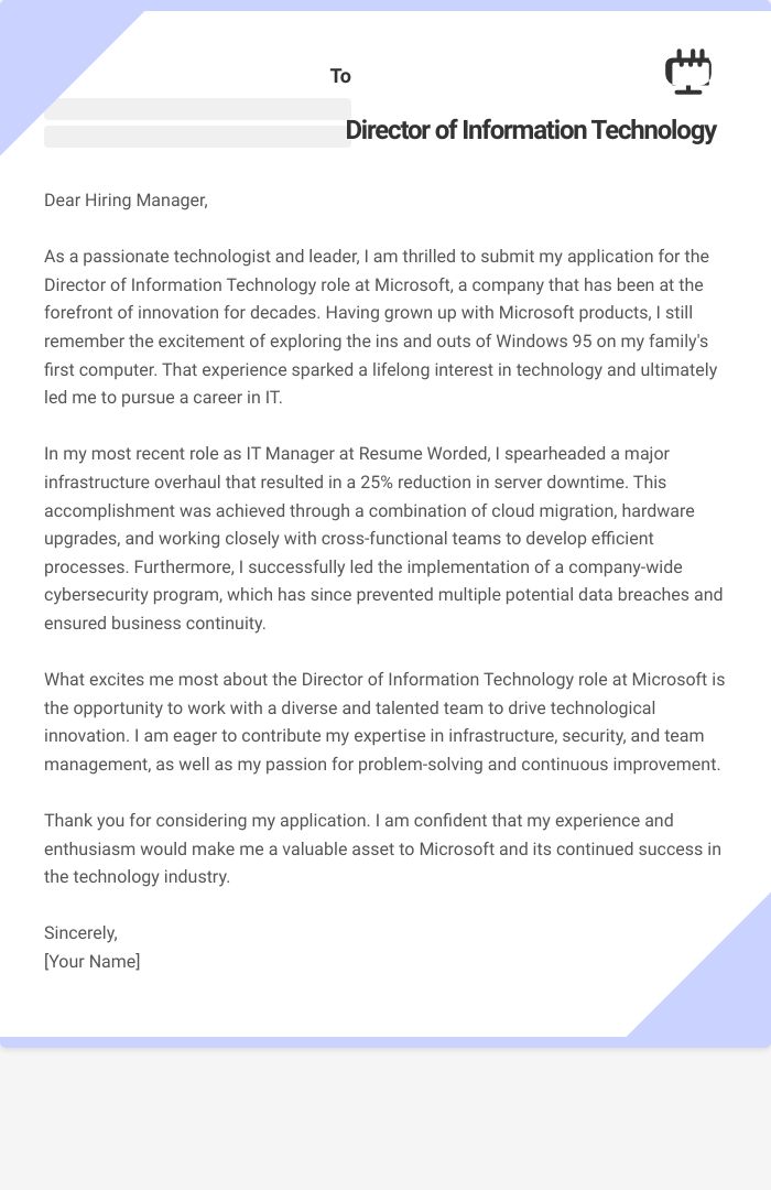 Director of Information Technology Cover Letter