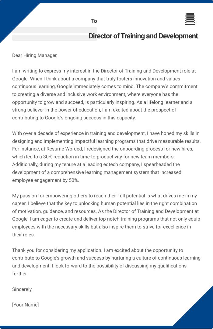 Director of Training and Development Cover Letter