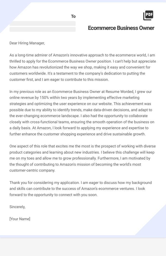 Ecommerce Business Owner Cover Letter