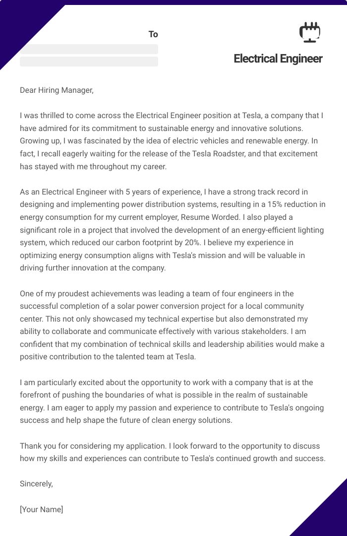 Electrical Engineer Cover Letter