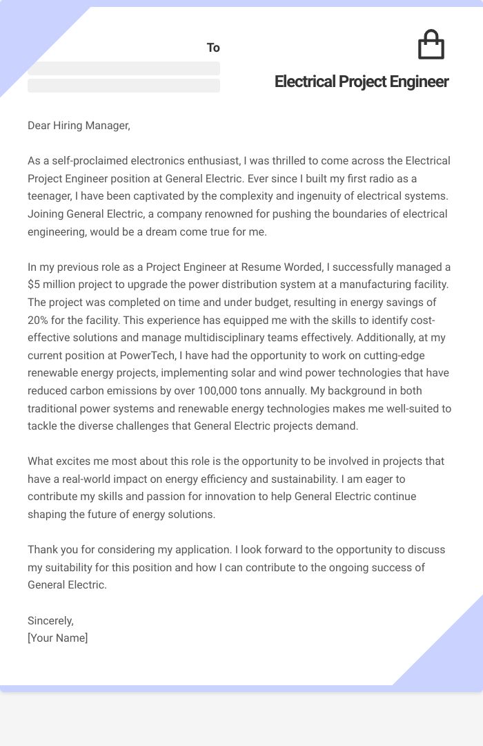 Electrical Project Engineer Cover Letter