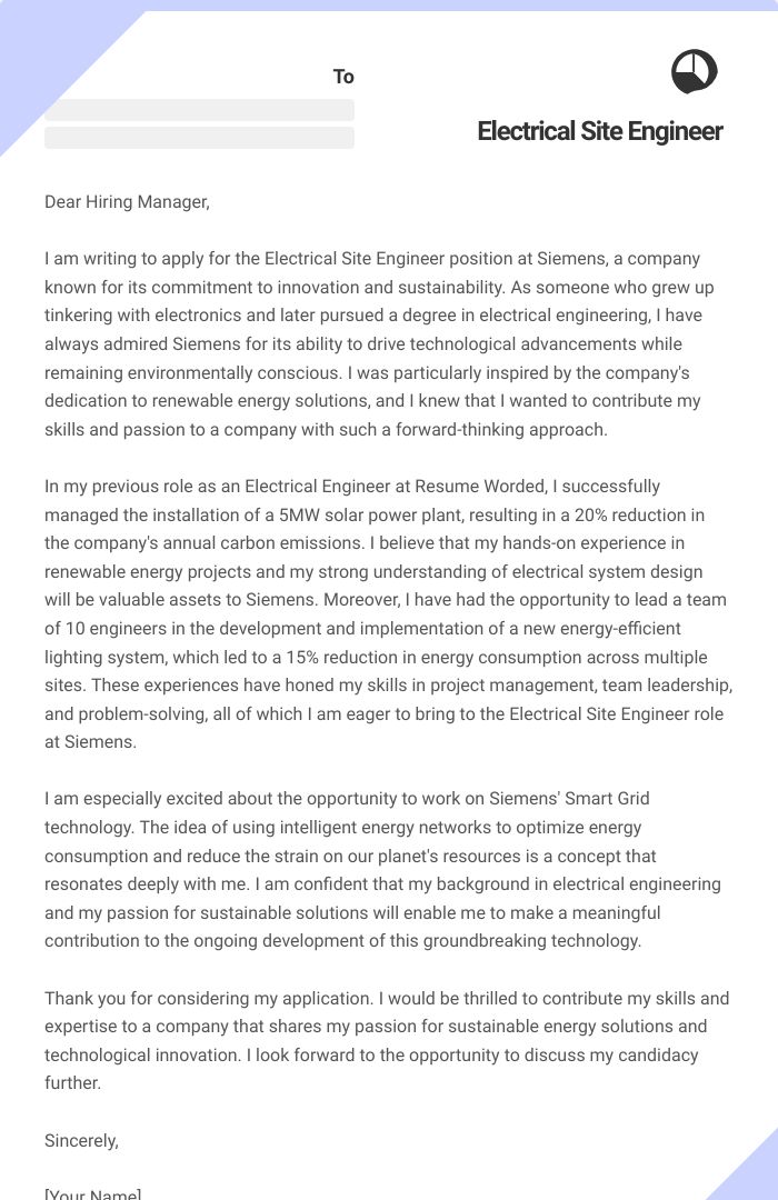 Electrical Site Engineer Cover Letter
