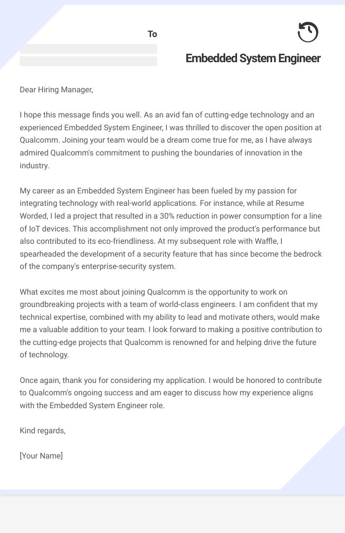 Embedded System Engineer Cover Letter
